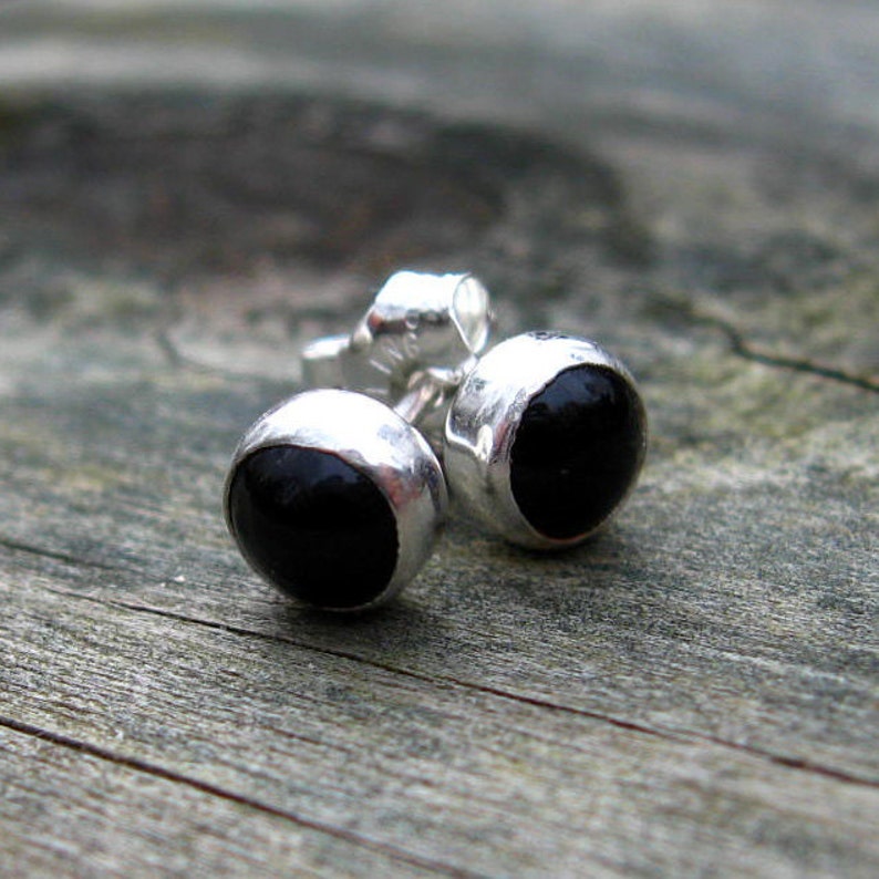 Black onyx sterling silver stud earrings 5mm / gift for her / unisex earrings / black stone earrings / simple stone earrings / black studs image 2
