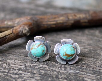 Blue green Kingman turquoise stud earrings / sterling silver turquoise flower earrings / gift for her / jewelry sale / boho earrings