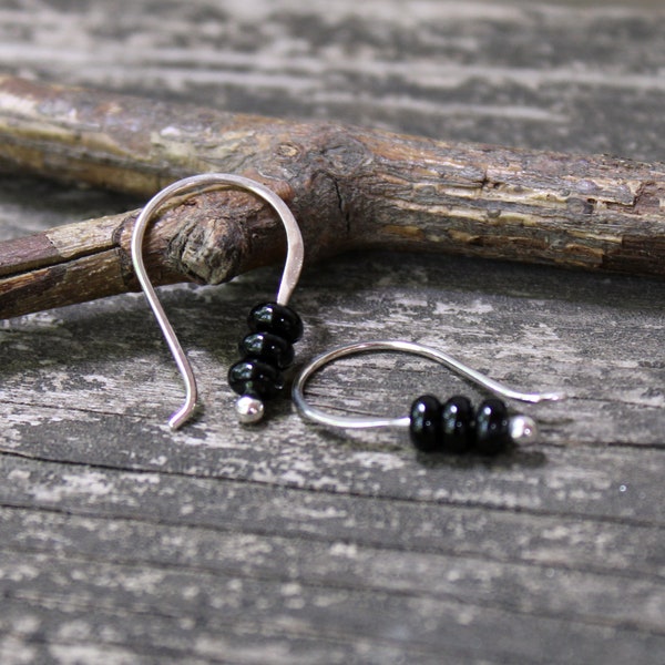 Tiny Black Onyx Sterling Silver Earrings: Bohemian Dangle Jewelry