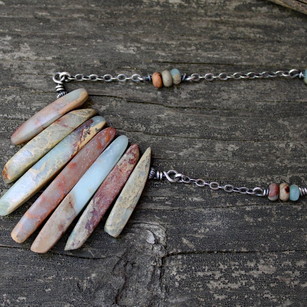 Aqua Terra Jasper point sterling silver necklace / gift for her / jewelry sale / tribal necklace / spike necklace / boho necklace