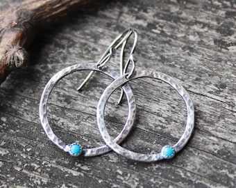 Blue Kingman mine turquoise sterling silver hoop dangle earrings / rustic turquoise hammered hoop dangles  / gift for her / jewelry sale