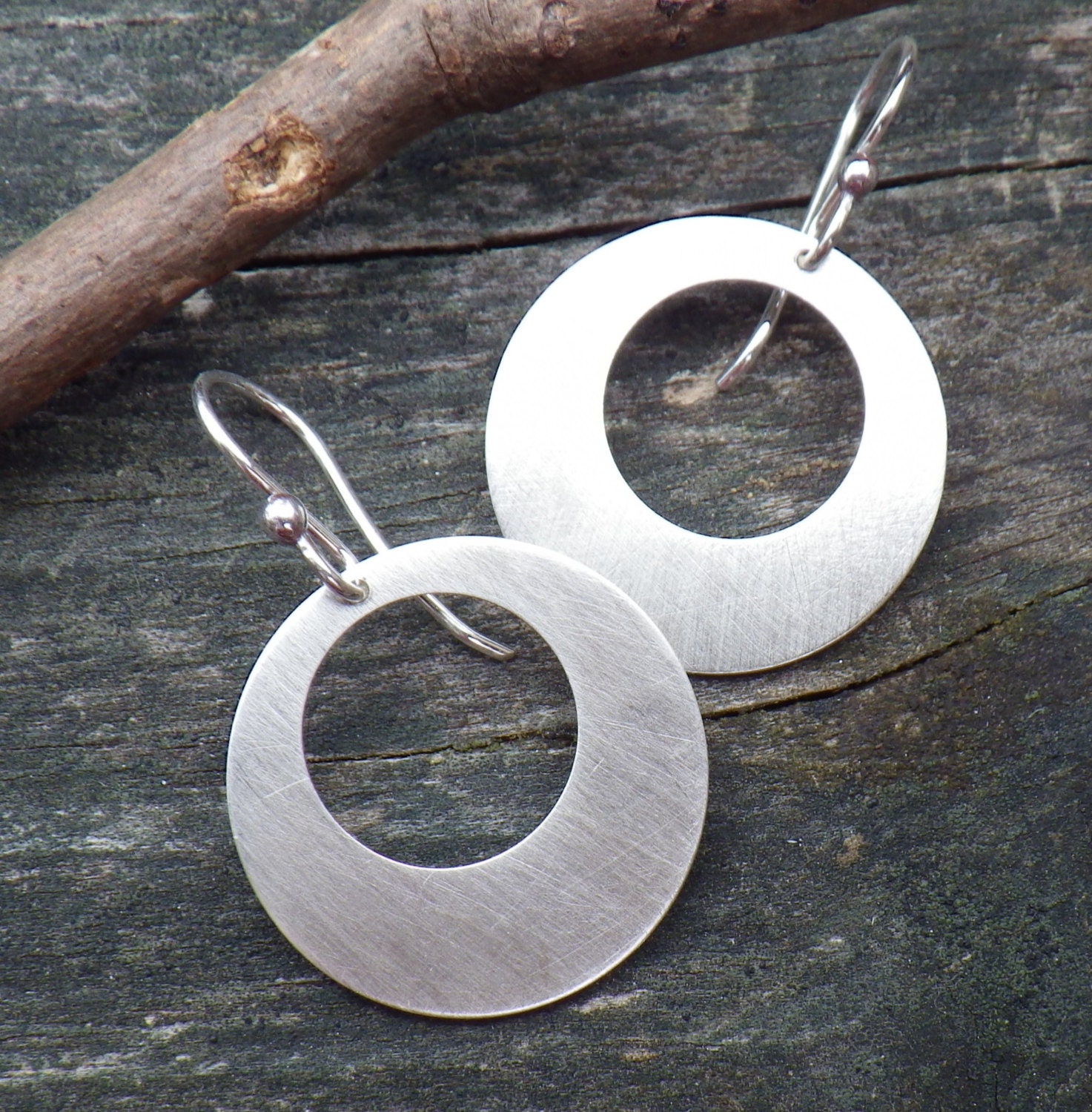 Sterling Silver Circle Dangle Earrings / Rustic Dangle - Etsy