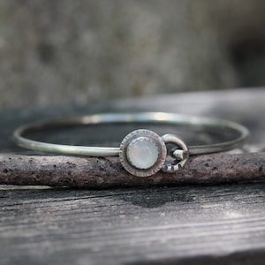 Rustic White Moonstone Sterling Silver Bangle Bracelet