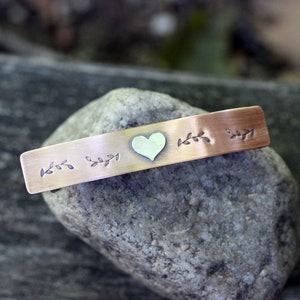 Copper Barrette: Sterling Silver Heart, Vine Stamped Hair Clip