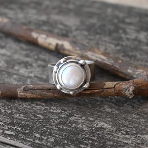 Freshwater Pearl Sterling Silver Ring - Wide Band Rustic Jewelry