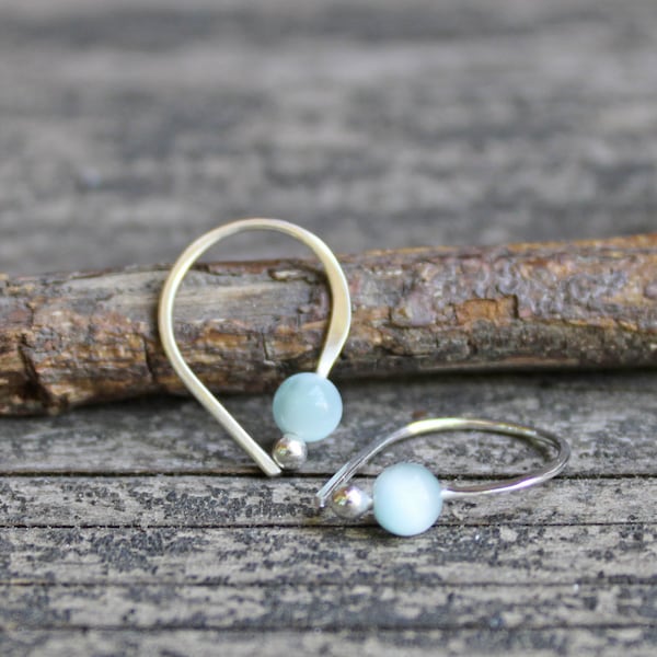 Mint green moonstone sterling silver open hoop earrings / gift for her / tiny dangle earrings / silver dangle earrings / jewelry sale