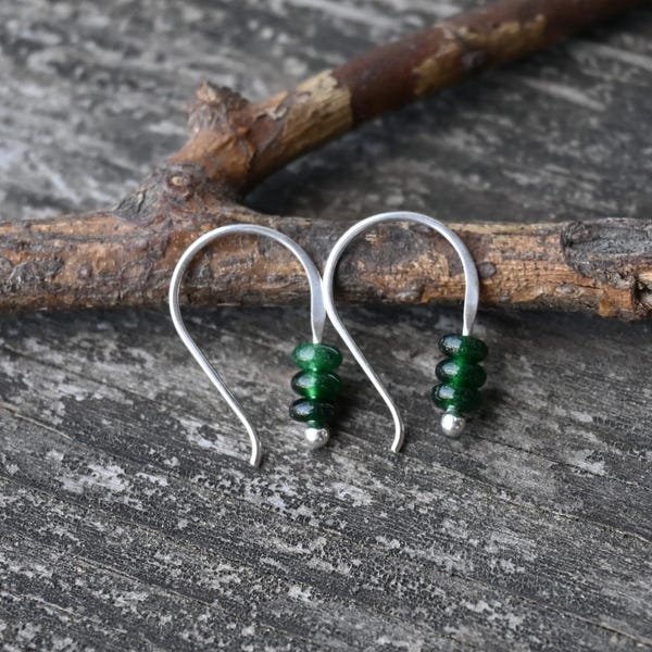 TINY Dark Green Jade Sterling Silver Dangle Earrings