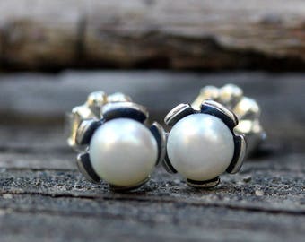 Pearl earrings / SMALL pearl studs / sterling silver earrings / bridesmaid gift / gift for her / rustic wedding / tiny pearl studs / sale