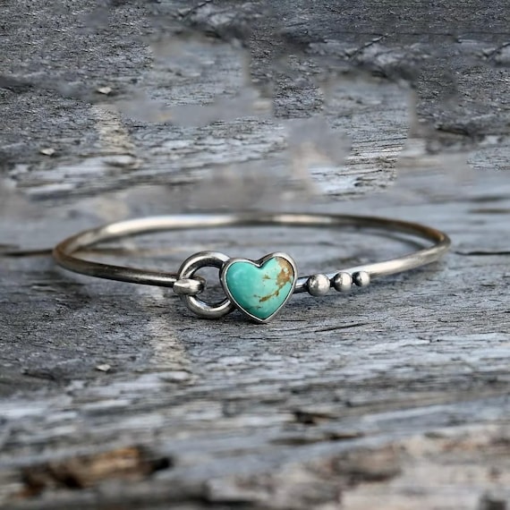 Kingman Turquoise Heart Bangle Bracelet: Sterling Silver, American Mined