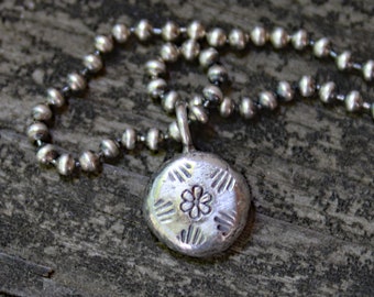 Rustic sterling silver flower stamped ball chain necklace / oxidized necklace / gift for her / jewelry sale / boho necklace