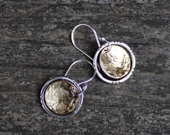 Rustic golden brass and sterling silver circle dangle earrings / mixed metal earrings / gift for her  / jewelry sale / silver and gold