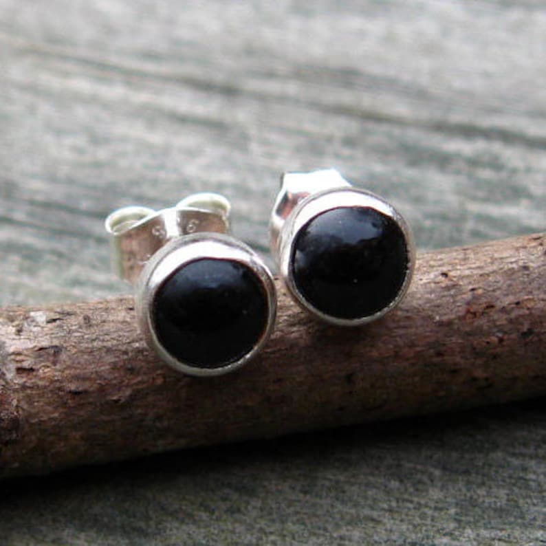 Black onyx sterling silver stud earrings 5mm / gift for her / unisex earrings / black stone earrings / simple stone earrings / black studs image 3