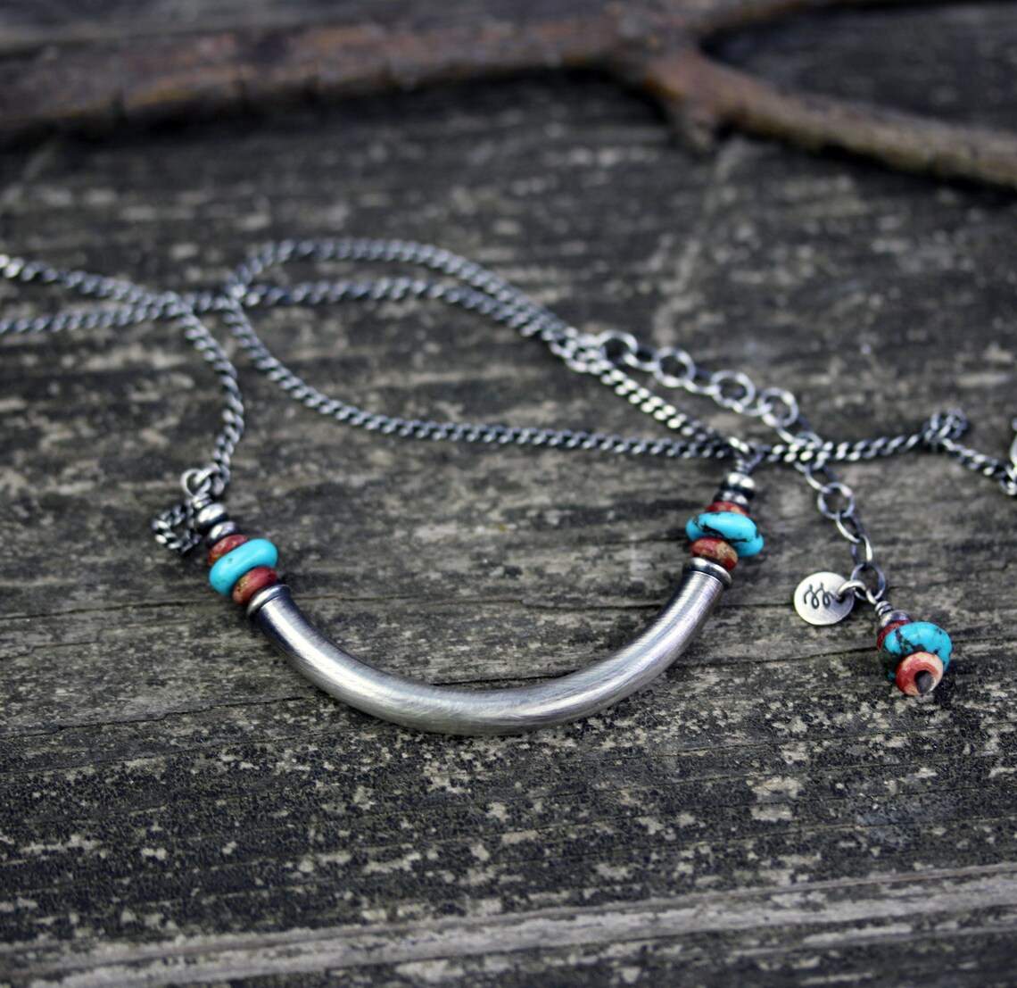 Sterling silver Kingman turquoise tube necklace / silver yoke Etsy