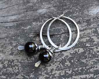 Black onyx sterling silver dangle hoops / hoops with removable dangle / gift for her / jewelry sale / tiny earrings / tiny hoops