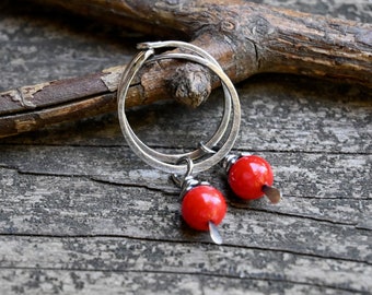 Red coral sterling silver dangle hoops / hoops with removable dangle / gift for her / jewelry sale / tiny earrings / tiny hoops
