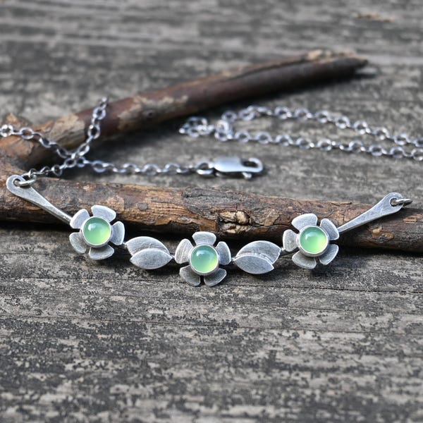 Chrysopras Blumen Joch Kette: Sterling Silber Kabelkette