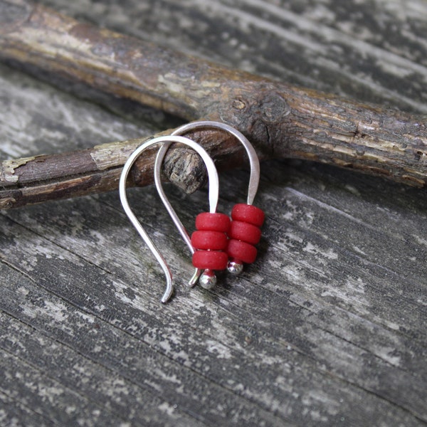 TINY red matte glass sterling silver dangle earrings / gift for her / jewelry sale / tiny red dangle earrings / dainty earrings