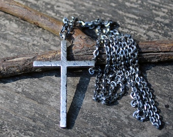 Rustic Sterling Silver Cross Necklace, Rugged Mens Jewelry