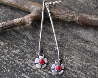 Red coral earrings / long dangle earrings / silver dangle earrings / bar earrings / gift for her / sterling dangles / jewelry sale