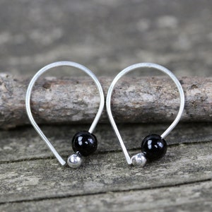 Black onyx earrings / sterling silver earrings / gift for her / silver dangle earrings / tiny earrings / jewelry sale / black stone hoops