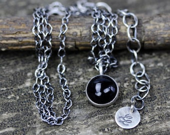 Black Onyx Sterling Silver Pendant Necklace - Oxidized Chain