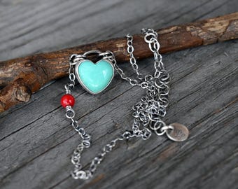 Kingman Turquoise Heart Red Coral Sterling Silver Necklace