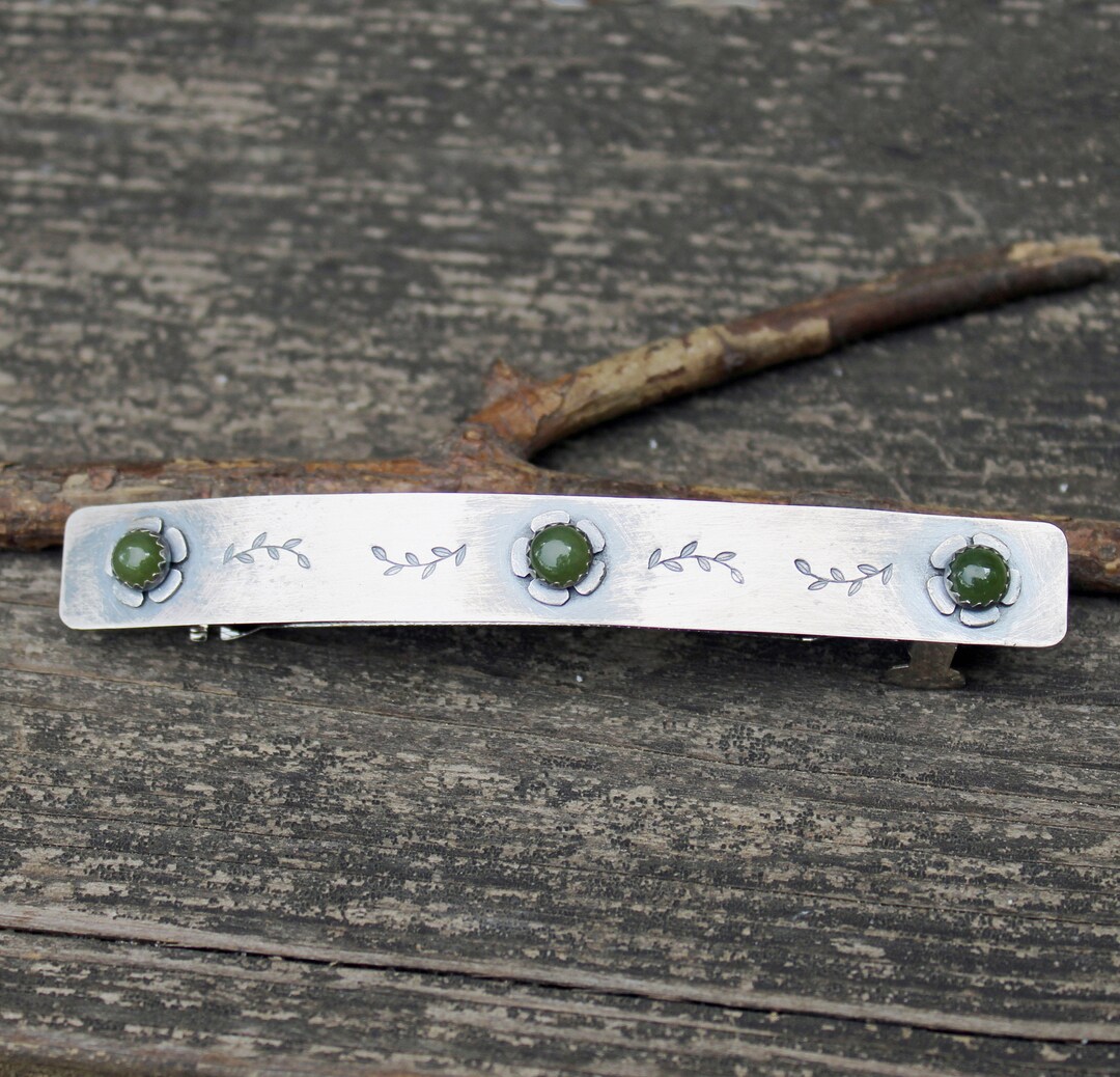 Jade Sterling Silver Barrette / LARGE Barrette / Gift for Her / Flower