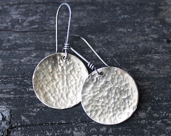 Hammered brass large disc dangle earrings / mix metal earrings / silver and gold / large gold earrings / gift for her / jewelry sale