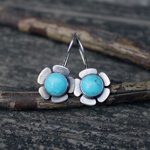 Blue Kingman turquoise dangle earrings / sterling silver flower earrings / gift for her / jewelry sale / silver dangles / boho earrings