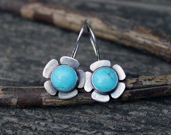 Blue Kingman turquoise dangle earrings / sterling silver flower earrings / gift for her / jewelry sale / silver dangles / boho earrings