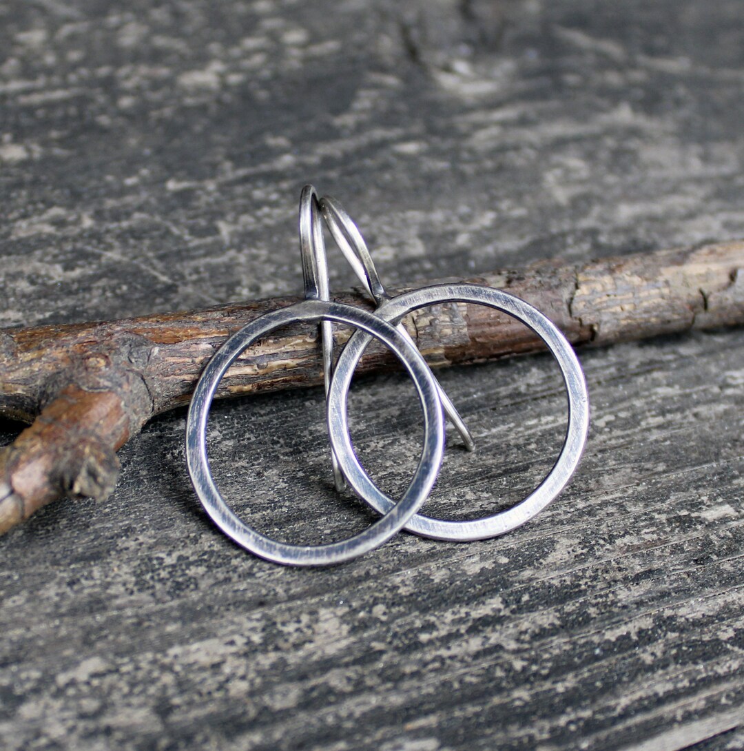 Rustic Sterling Silver Hoop Dangle Earrings / Large Hoop Dangles