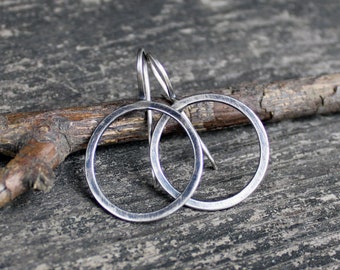 Rustic Sterling Silver Hoop Dangle Earrings: Oxidized 1" Circles