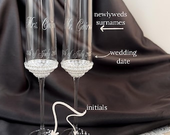 Engraved Wedding Champagne Flutes: Beaded Pearl Toasting Glasses & Cake Set