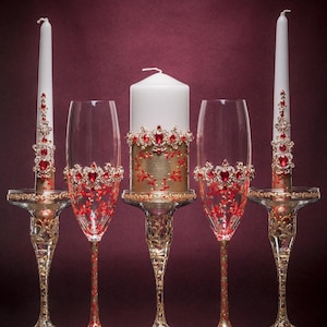 Gold Wedding Set : Champagne Glasses, Cake Server & Knife Personalized Wedding Toast Flutes Red Cake Cutting Set Personalized Wedding Gift