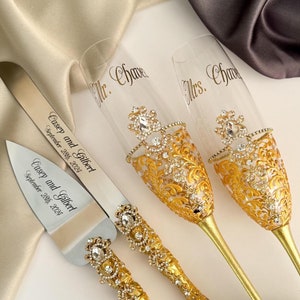 Personalized Gold Wedding Champagne Flutes and Cake Cutting Set