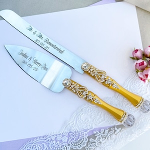 Gold Cake Server & Knife with Personalization, Personalized Gold Cake Server and Knife Set - Custom Wedding Gift