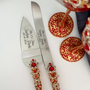 Red Quinceanera Cake Cutting Set Mis 15 Quinceanera Cake Serving and Knife Set Red Quinceanera Champagne Glasses Quinceanera Gift Idea