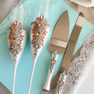Personalized Wedding Champagne Flutes and Cake Cutting Set: Rose Gold Crystals