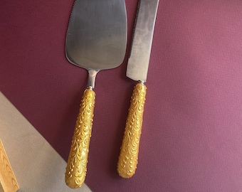 Juego de servidor y cuchillo para pastel dorado, accesorios de boda pintados a mano