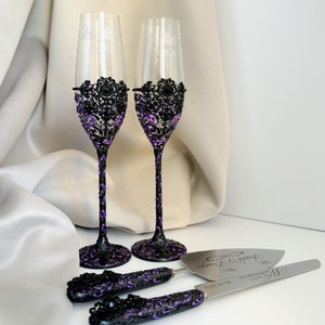 Black Purple Champagne Glasses Halloween Wedding Glasses Personalized Black Wedding Cake Set Black Purple Cake Cutting Set Halloween Decor