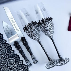 Black Wedding Glasses Halloween Wedding Glasses Personalized Black Glasses Gothic Wedding Cake Set Black Cake Cutting Set Gothic Flutes