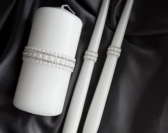 Pearl Beaded Wedding Unity Candle Set: White Ceremony Candles