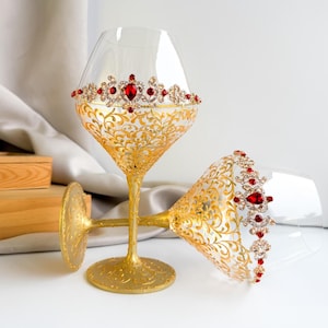 Gold Wine Glasses Gold Red Wine Glasses Birthday Gift Anniversarry Gift Handpainted Wine Glasses 2 Wine Glasses Set Red Wine Goblets Gift