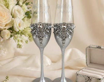 Copas de champán de plata personalizadas para bodas (para novios), pala para pastel, juego de velas de unidad.