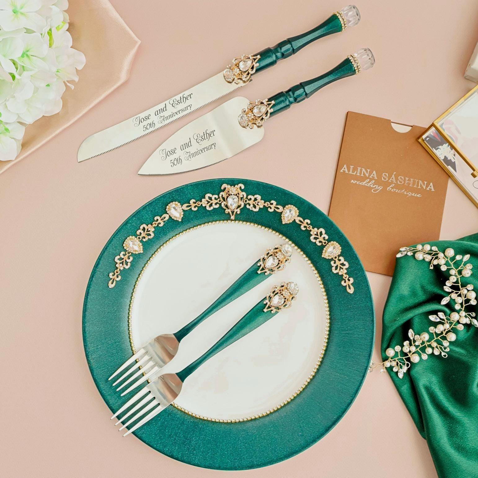 Engraved Emerald Wedding Cake Plate
