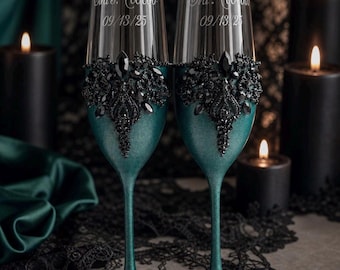 Gothic Champagne Glasses and Cake Set Emerald Black Wedding Set