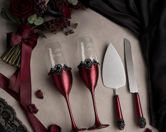 Personalized Burgundy Wedding Flutes and Cake Server Set