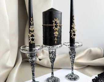 Black Unity Candle Holder Set: Gothic Wedding Ceremony Decor