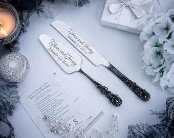 Black Gothic Cake Server Set, Engraved Knife and Server for Halloween Wedding