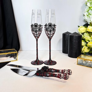Black Red Champagne Glasses Halloween Wedding Glasses Personalized Black Wedding Cake Set Black Red Cake Cutting Set Halloween Decor